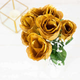 12 Bushes | Gold Artificial Premium Silk Flower Rose Buds | 84 Rose Buds