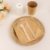 72 Pcs Natural Disposable Dinnerware Set With Gold Foil Palm Leaves Print