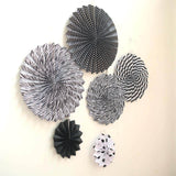 Set of 6 | Black | White Paper Fan Decorations | Paper Pinwheels Wall Hanging Decorations Party Backdrop Kit | 8" | 12" | 16"