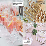 25 Pack 8" White/Rose Gold Striped Disposable Paper Straws