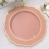 10 Pack | 10Inch Dusty Rose Plastic Dinner Plates Disposable Tableware Round With Gold Scalloped Rim