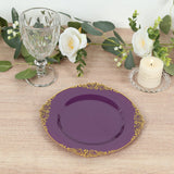 10-Pack Plastic 8INCH Round Dessert Plates in Purple with Gold Leaf Embossed Rim Disposable Vintage