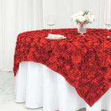 72x72inch Red 3D Rosette Satin Table Overlay, Square Tablecloth Topper