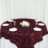 72x72inch Burgundy 3D Rosette Satin Table Overlay, Square Tablecloth Topper