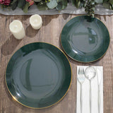 10 Pack | 10inch Glossy Hunter Emerald Green Round Disposable Dinner Plates With Gold Rim