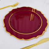 10 Pack | 10inch Burgundy Plastic Dinner Plates Disposable Tableware Round With Gold Scalloped Rim