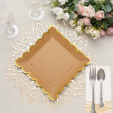 25 Pack | 9 Square Natural Brown Paper Dinner Plates With Gold Scalloped Rim, Party Plates