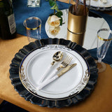 10 Pack | White With Royal Blue Rim 10inch Plastic Dinner Plates, Round With Gold Vine Design