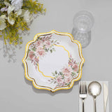 25 Pack | 8inch White/Gold Floral Scallop Rim Salad Party Paper Plates, Appetizer Dessert Plates