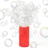 Red bubble machine with floating bubbles on a white background