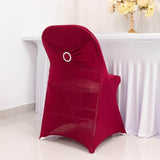 Burgundy Spandex Folding Chair Covers with Silver Rhinestone Buckled Sash Band