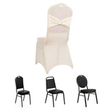 Ivory Spandex Banquet Chair Cover with Silver Rhinestone Buckled Sash Band, Stretched Fitted Slip On