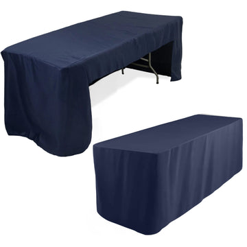 Fitted Polyester 96"x30" Rectangle Tablecloth Navy Blue with Open Back Design - Easy to Maintain and Wrinkle-Resistant Table Cover for Trade Shows & Displays