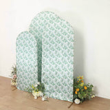 Set of 3 White Green Satin Chiara Wedding Arch Covers With Eucalyptus Leaves Print, Fitted Covers