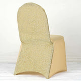 Champagne Spandex Stretch Banquet Chair Cover, Fitted with Metallic Shimmer Tinsel Back