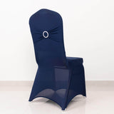 Navy Blue Spandex Banquet Chair Cover with Silver Rhinestone Buckled Sash Band, Stretched Fitted 