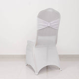 White Spandex Banquet Chair Cover with Silver Rhinestone Buckled Sash Band, Stretched Fitted Slip On