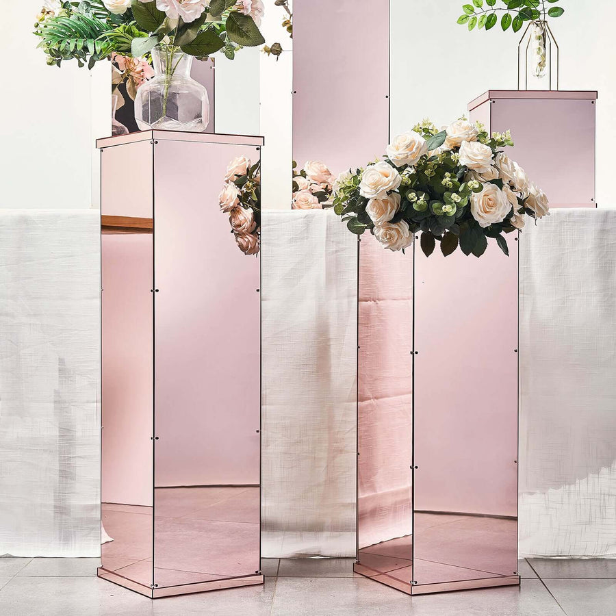 Set of 5 Rose Gold Mirror Finish Acrylic Display Boxes, Pedestal Risers with Interchangeable Lid and Base - 12",16",24",32",40"