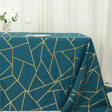 90x132inch Peacock Teal Rectangle Polyester Tablecloth With Gold Foil Geometric Pattern