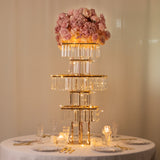 40inch Crystal Pendant Table Centerpiece in 5-Tier Gold, Square Flower Stand Metal Vase Chandelier
