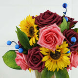 34 Pcs | Artificial Rose, Silk Sunflower & Blueberry Stems Mix Flower Box - Burgundy/Pink