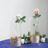 2 Pack | 12inch Glass Cylinder Vases with Gold Honeycomb Base | Glass Candle Holder Set