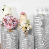 Set of 5 Silver Sequin Mesh Cylinder Pedestal Pillar Prop Covers with Geometric Pattern Embroidery