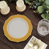 10 Pack | 8inch Gold / White Disposable Salad Appetizer Plates With Round Blossom Design