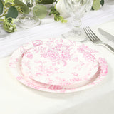 25 Pack 7inch French Toile Disposable Salad Plates, White Pink Round Paper Appetizer