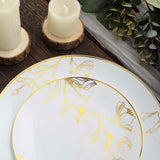 Set of 20 White Plastic Dinner Dessert Plates With Metallic Gold Floral Design, Disposable Round