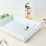 Fleur De Lis White Metal Decorative Vanity Serving Tray with handles, Rectangle Mirrored Tray