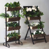 42inch 4-Tier Metal Ladder Plant Stand With Natural Wooden Log Planters