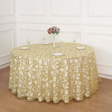 120inch Gold Sequin Leaf Embroidered Seamless Tulle Round Tablecloth, Sheer Table Overlay
