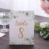 25 Pack White Green Double Sided Paper Table Sign Cards with Eucalyptus Leaves