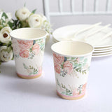 24 Pack | 9oz Peony Flower Gold Foil Elegant Wedding Shower Paper Cups