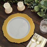 10 Pack | 10inch Gold / White Disposable Dinner Plates With Round Blossom Design With Gold Rim