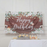 6ftx3ft White Brown Rustic Wood Floral Happy Birthday Photo Backdrop, Large Polyester Background