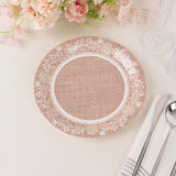 25 Pack Natural Burlap Print 9inch Round Disposable Party Plates With White Floral Lace Rim