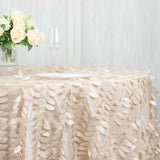 132inch Beige 3D Leaf Petal Taffeta Fabric Round Tablecloth