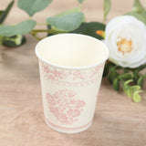 24 Pack White Pink French Toile Party Cups, Elegant Disposable Paper Cups - 9oz