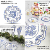 25-Pack Paper Dessert Plates in White with Light Blue Damask Floral Print & Scallop Rim