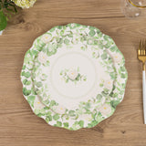 25 Pack White Floral Greenery Salad Paper Plates with Scalloped Edge