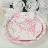 50 Pack White Pink 2-Ply Paper Party Napkins in French Toile Floral Pattern