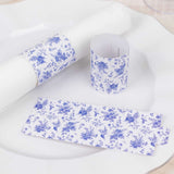 50 Pack White Blue Paper Napkin Holder Bands in French Toile Floral Pattern