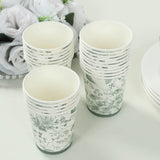 24 Pack White Sage Green French Toile Party Cups, Elegant Disposable Paper Cups