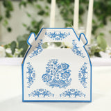 25 Pack Candy Gift Tote Gable Boxes in White Royal Blue Damask Floral Pattern, Party Favor Treat Box