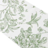 Polyester Table Runner 12x108inch White with Dusty Sage Green French Toile