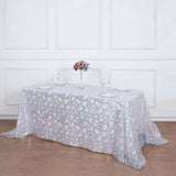 90x156inch Silver Sequin Leaf Embroidered Rectangular Tablecloth, Seamless Sheer Table Overlay