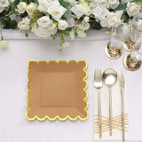 25 Pack | 7 Square Natural Brown Paper Salad Plates With Gold Scalloped Rim, Party Plates