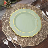 10 Pack | 10Inch Sage Green Plastic Dinner Plates Disposable Tableware Round With Gold Scalloped Rim